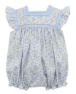 Blue Pique Floral Sleeveless Girl's Romper w/Solid Blue Trim Bodice - select size