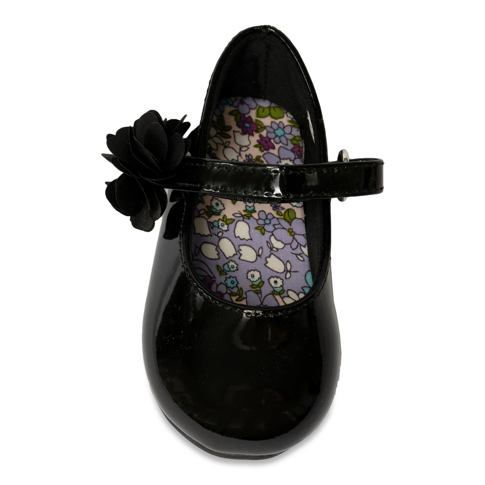 Linley Toddler Black Patent Mary Jane Dress Flats With Flower Strap Ornament - Select Size