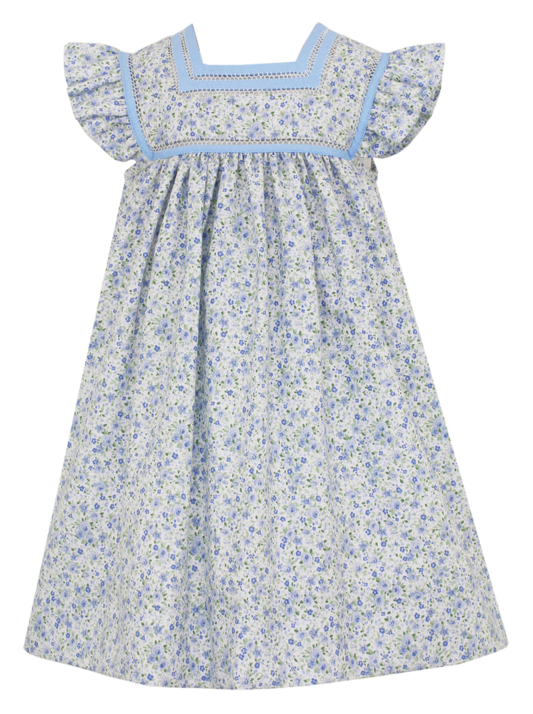 Blue Pique Floral Sleeveless Float Dress w/Solid Blue Trim - Select Size