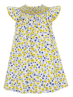 Yellow & Blue Floral Print Angel Wing Bishop Dress - Select Size