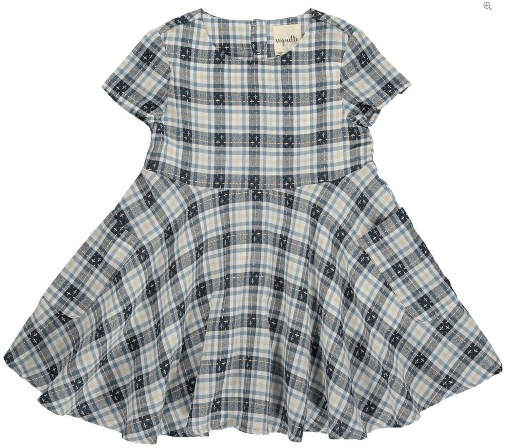 Debbie Grey & Blue Plaid Short Sleeve Woven Dress - Select Size