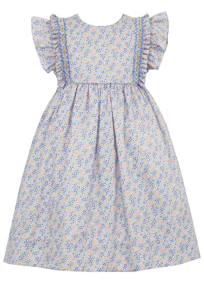 Pink & Blue Floral Liberty Print Girl's Dress w/Smocked Pleated Ruffles - select size