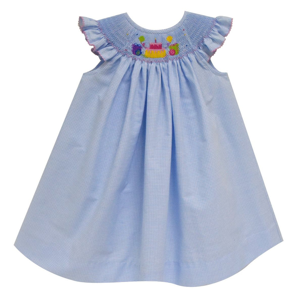 Birthday Smocked Light Blue Gingham Angel Wing Bishop