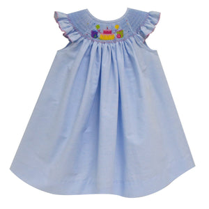 Birthday Smocked Light Blue Gingham Angel Wing Bishop