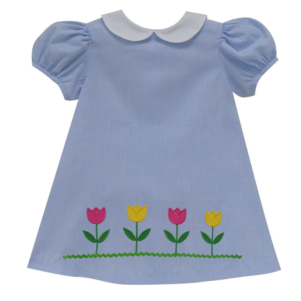 Tulips Applique Light Blue Gingham A-Line Dress