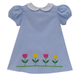 Tulips Applique Light Blue Gingham A-Line Dress