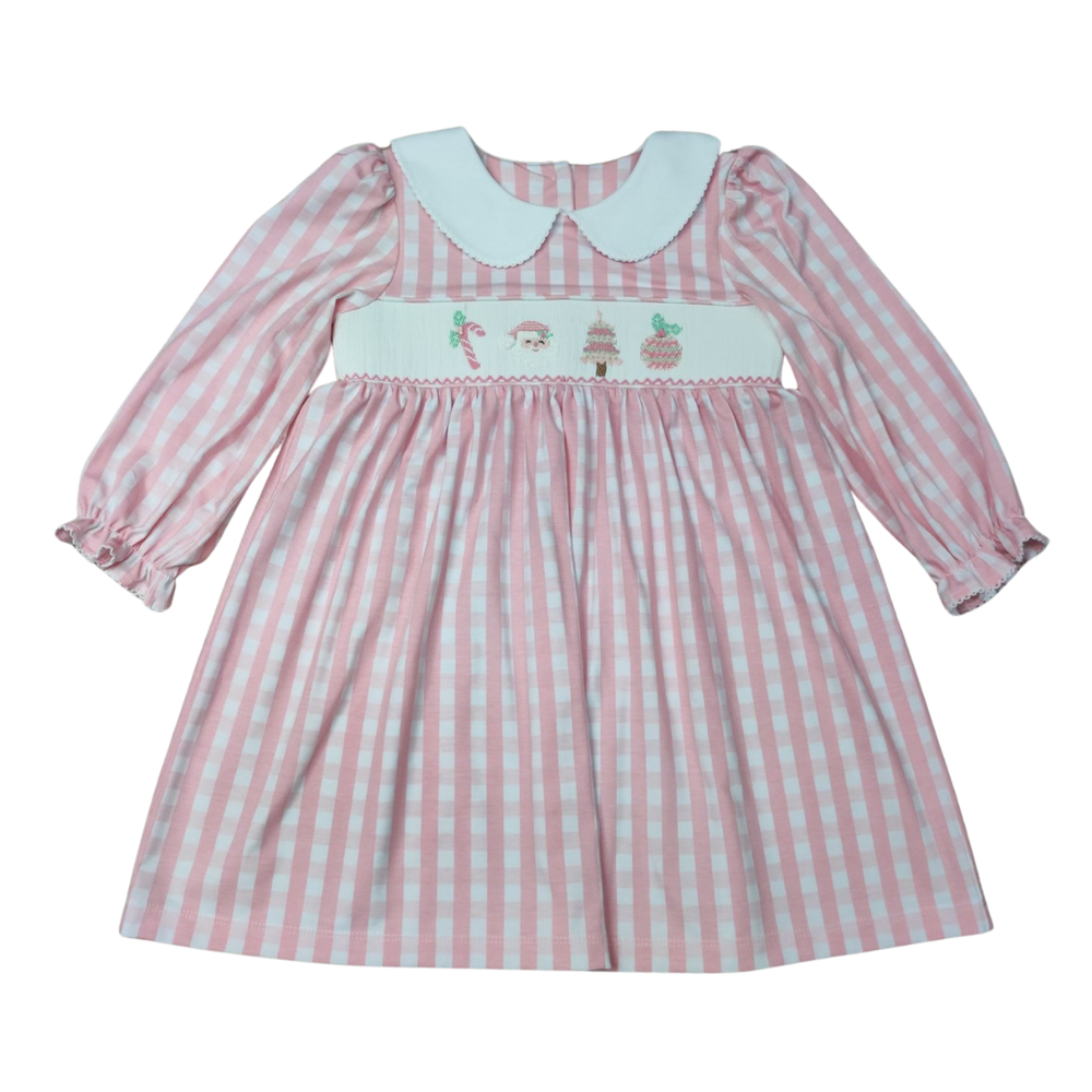 Pink Christmas Smocked Collared Dress - Select Size