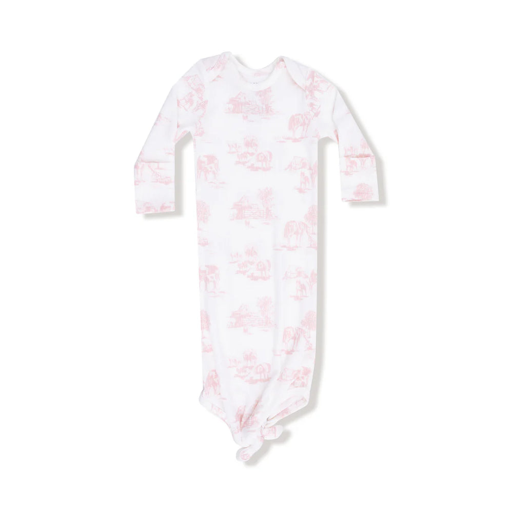 Pink Farm Toile Knotted Baby Gown