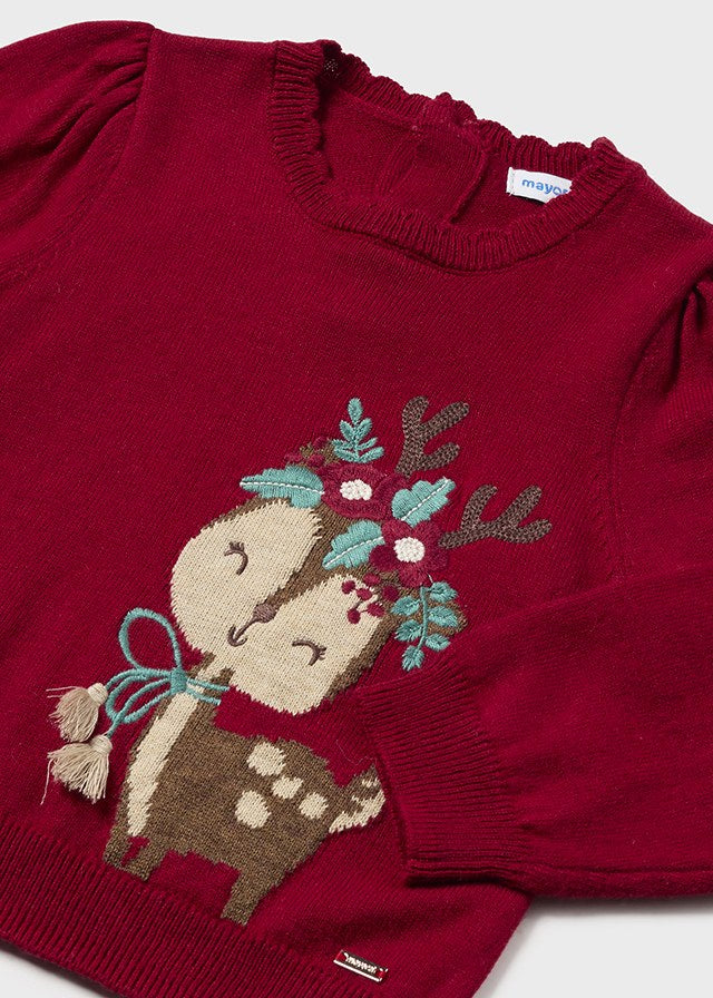 Red Cherry Deer Girl's Jacquard Sweater - Select Size