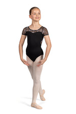 CL5232 - Girls Black Mesh Back Cap Sleeve Leotard - Select Size