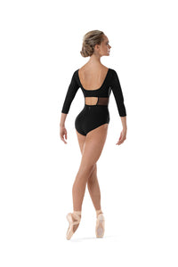L4106B - Ladies Mesh Detail 3/4 Sleeve Leotard in Black - Select Size
