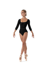 L4106B - Ladies Mesh Detail 3/4 Sleeve Leotard in Black - Select Size