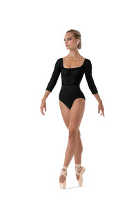 L4106B - Ladies Mesh Detail 3/4 Sleeve Leotard in Black - Select Size