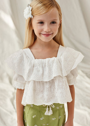 White Girls Ruffled Embroidered Top - Select Size