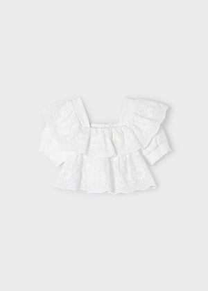 White Girls Ruffled Embroidered Top - Select Size