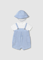 Sky Blue Striped Simulated Dungaree Romper w/Hat Set - Select Size