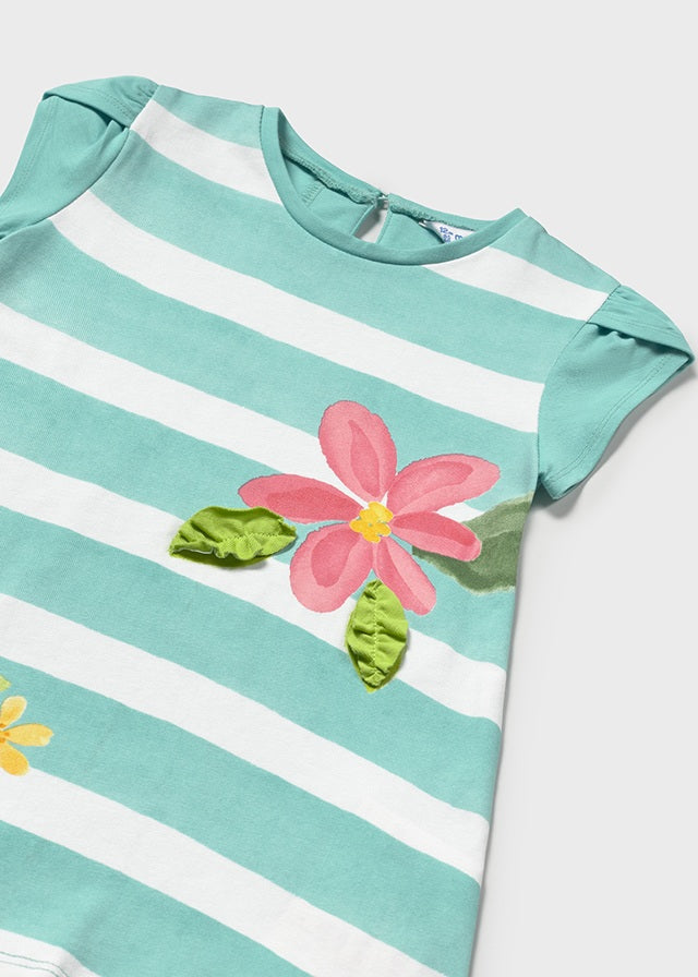 Turquoise Striped Dress w/Flowers - Select Size