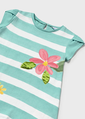 Turquoise Striped Dress w/Flowers - Select Size