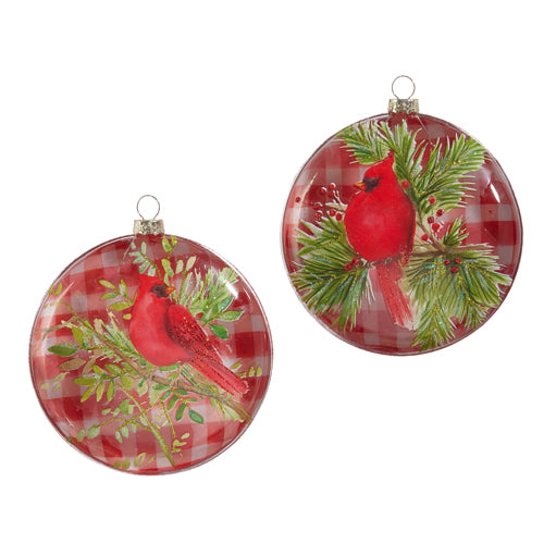 Gingham Cardinal on Branch Disc Ornament 5"