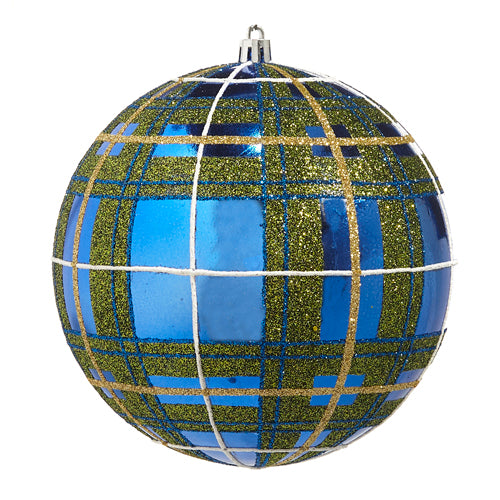 Blue Plaid Glitter Ball Ornament 6"