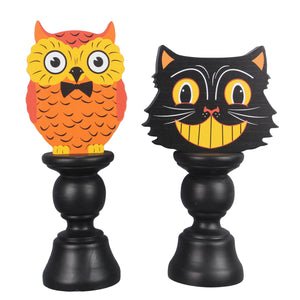 Vintage Halloween Owl & Cat Pedestal Block Signs