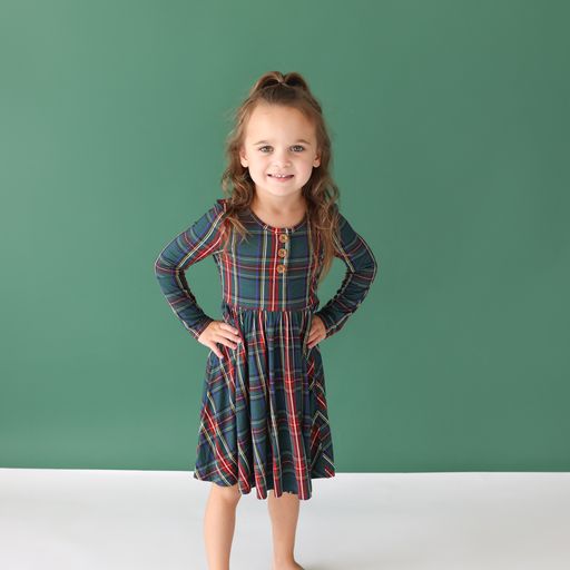 Tartan Plaid Long Sleeve Henley Twirl Dress - Select Size