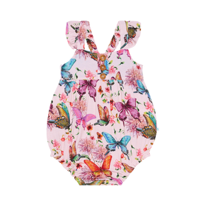 Watercolor Butterfly Henley Ruffled Capsleeve Bubble Romper - Select Size