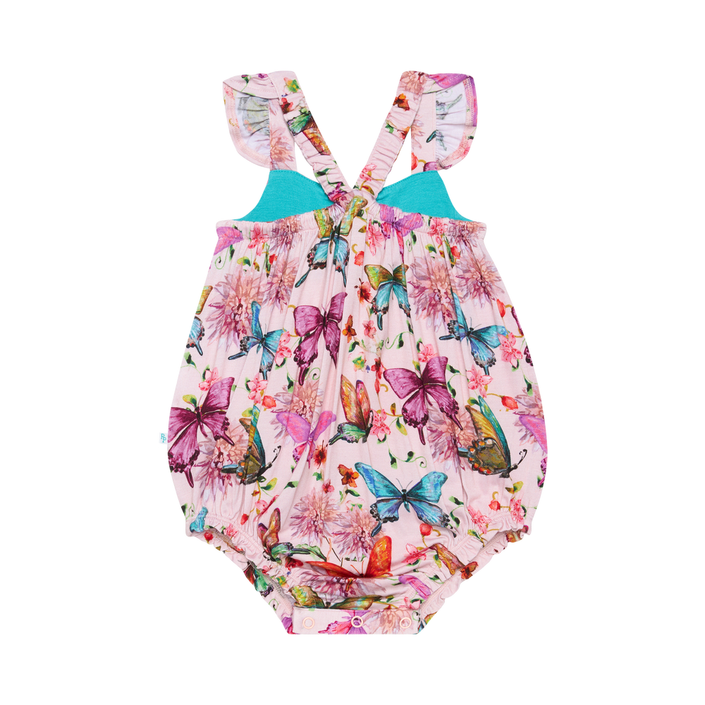 Watercolor Butterfly Henley Ruffled Capsleeve Bubble Romper - Select Size