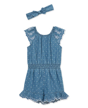 Chambray Woven Romper & Headband - Select Size