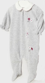 Grey Flowered Girl's Velour Footed Romper - Select Size