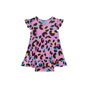 Electric Leopard Cap Sleeve Basic Ruffled Bodysuit Dress - Select Size