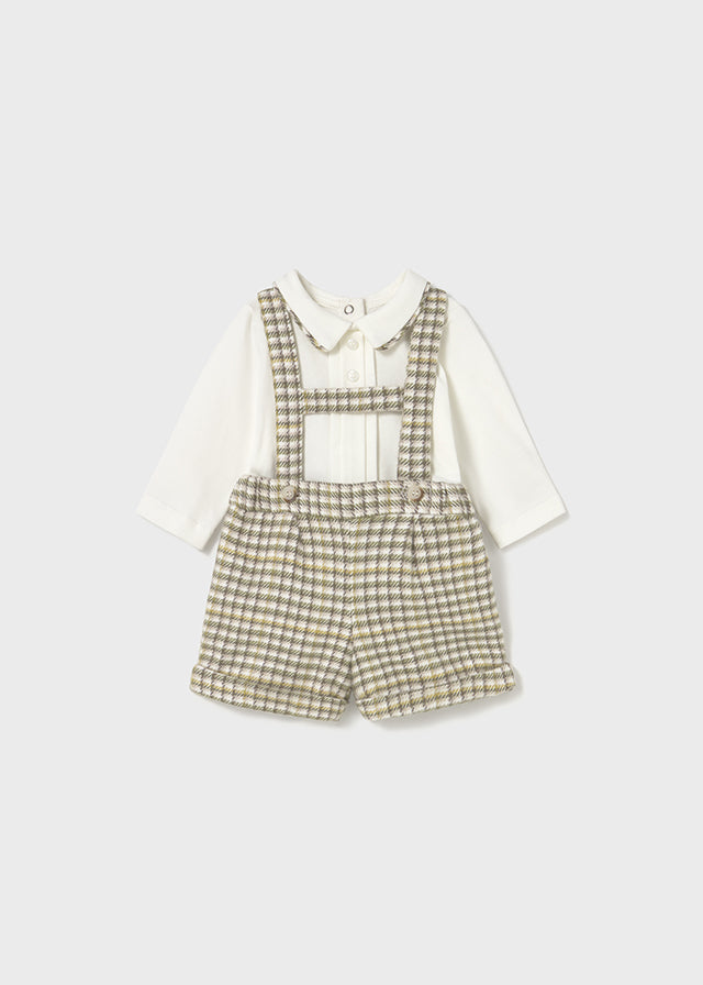 Tan Checked Shorts w/Suspenders & Shirt Set - Select Size