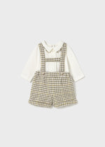 Tan Checked Shorts w/Suspenders & Shirt Set - Select Size