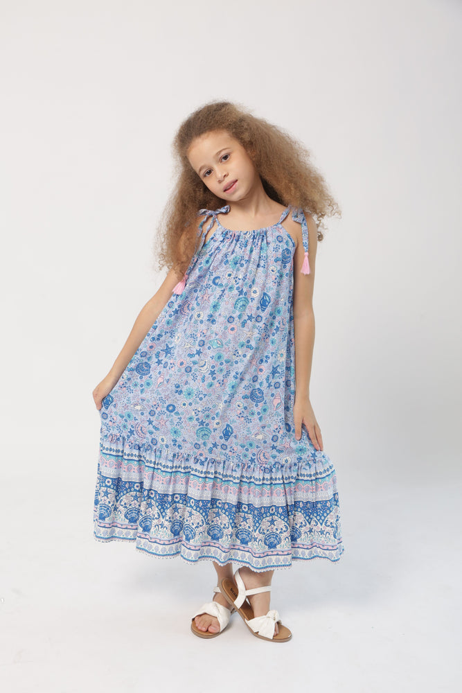 Luna Maxi Dress Blue Shell Flower - Select Size
