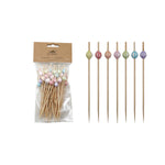 Bamboo Single Use Picks w/ Striped Ball Handles, Natural & Multi Color, Set of 50