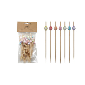 Bamboo Single Use Picks w/ Striped Ball Handles, Natural & Multi Color, Set of 50