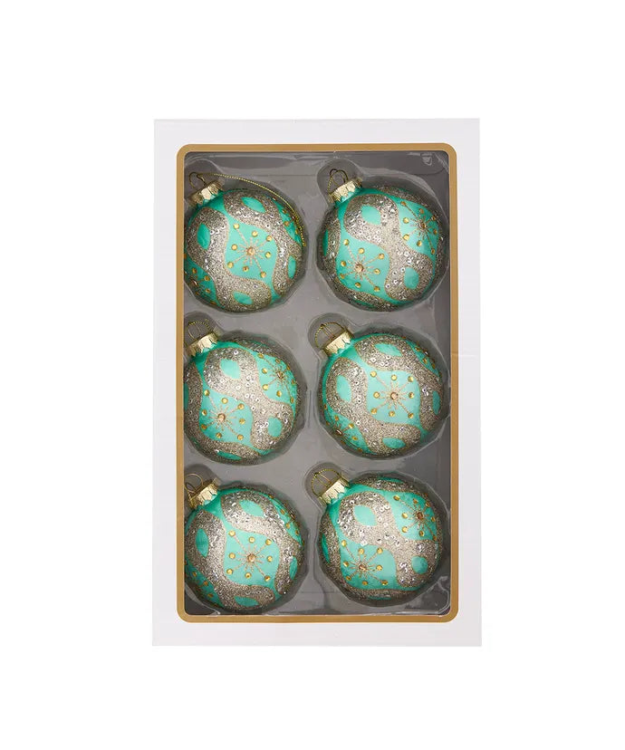 80MM Glass Aqua & Silver Glitter Ball Ornaments, 6-Piece Box