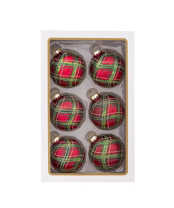 80MM Glass Matte Red & Green Striped Ball Ornaments, 6-Piece Box