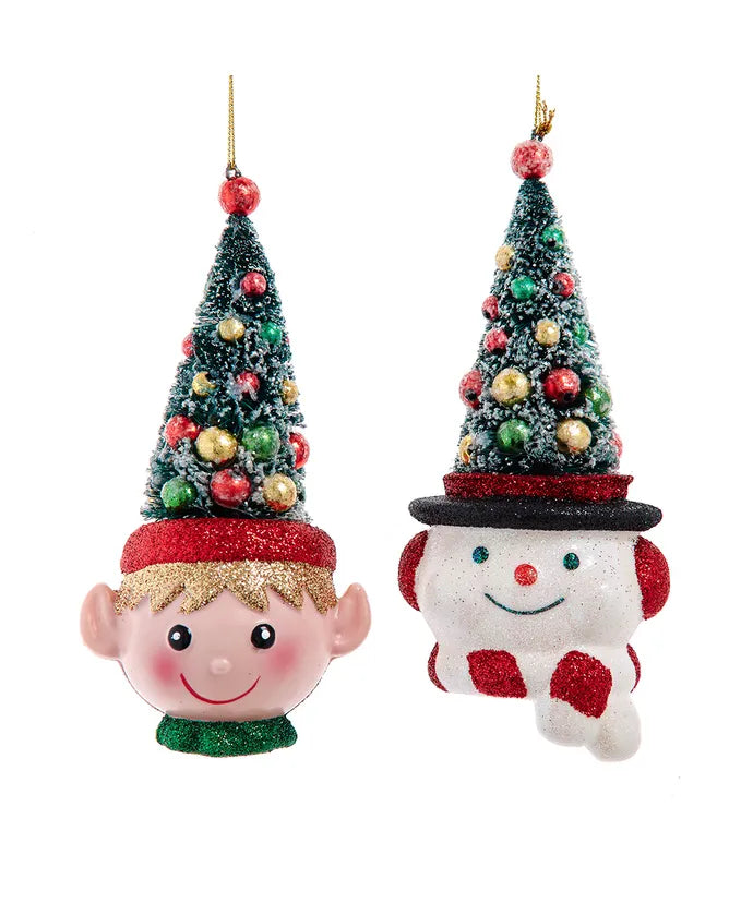 Elf & Snowman With Christmas Tree Hat Ornaments