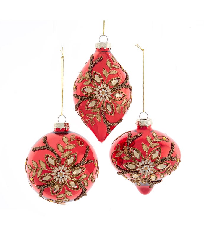 Glass Red & Gold With Jewels Ball, Onion & Finial Ornaments
