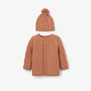 Rust Chunky Diamond Cable Cardigan & Hat Set - Select Size