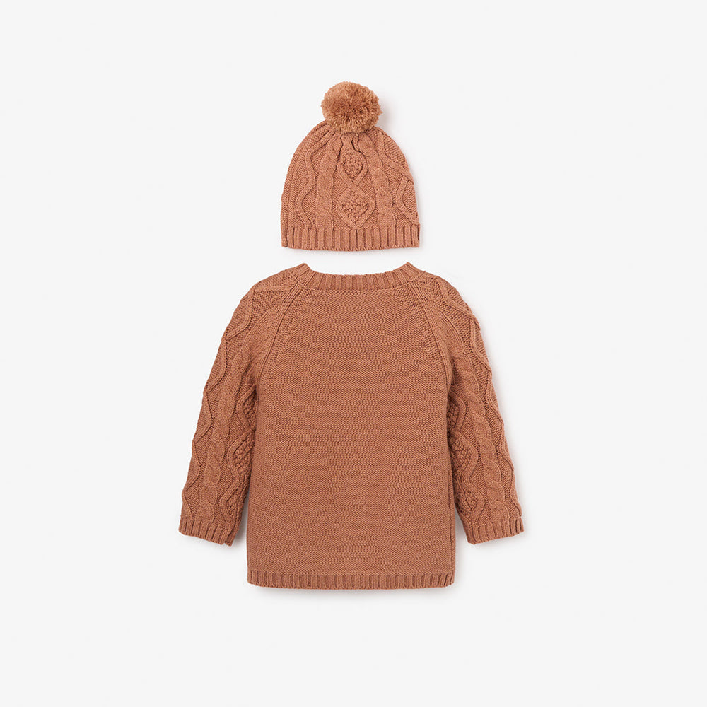 Rust Chunky Diamond Cable Cardigan & Hat Set - Select Size