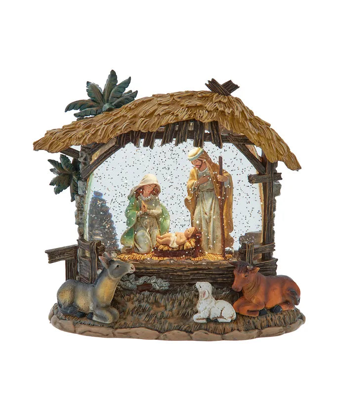8" Battery Operated USB Lighted Nativity Scene With Spinning Glitter Water