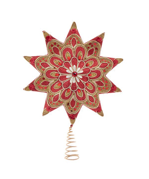16" Un-lit Ruby Red & Gold With Pearl Accents Star Treetop