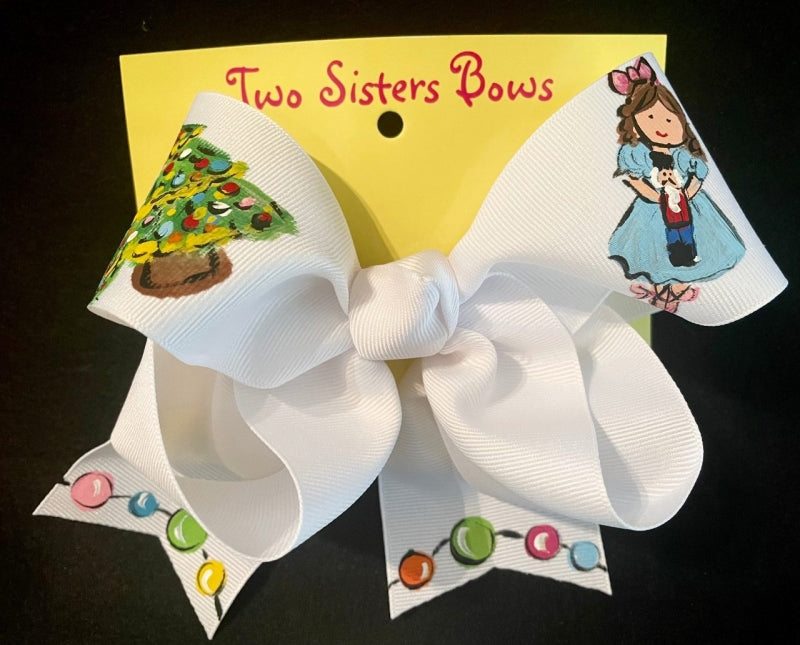 Tree Clara Lights - Handpainted White Hair bow - Choose 6” or 8”