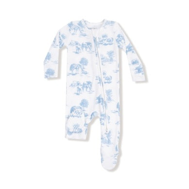 Blue Farm Toile 2 Way Zipper Ruffled Footie - Select Size