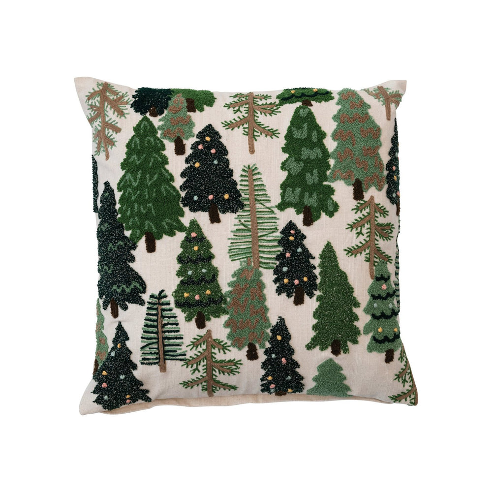 20" Square Cotton Slub Embroidered Pillow w/ Trees & French Knots, Multi Color