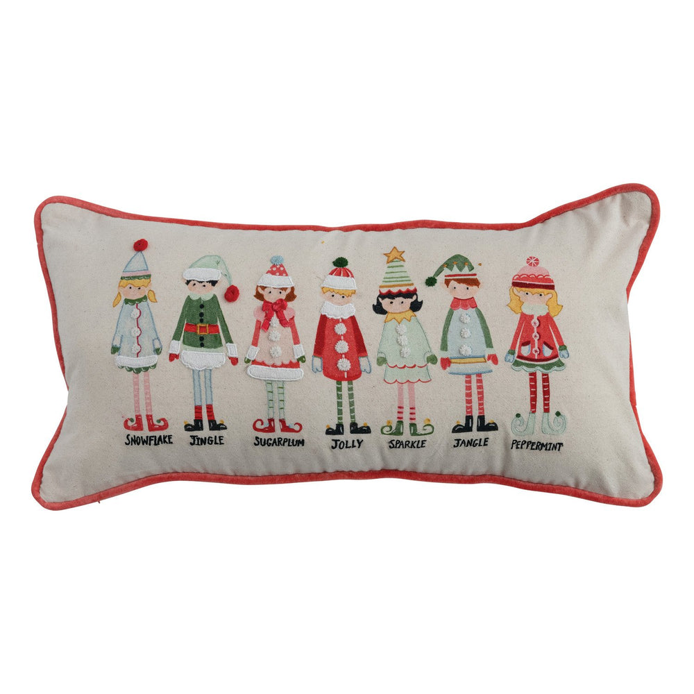 Lumbar Pillow with Elves, Embroidery, Piping, Pom Poms & Velvet Back ©
