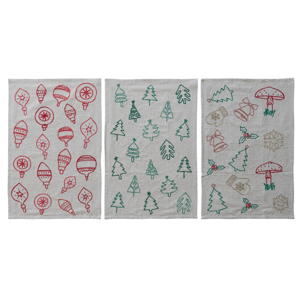 Embroidered Woven Cotton & Linen Tea Towel, 3 Styles