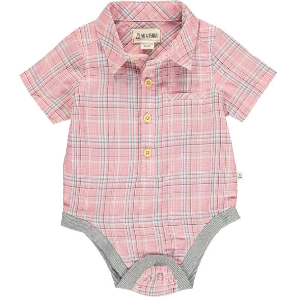 Helford Pink/Grey Plaid Short Sleeve Collared Infant Boys Onesie - Select Size